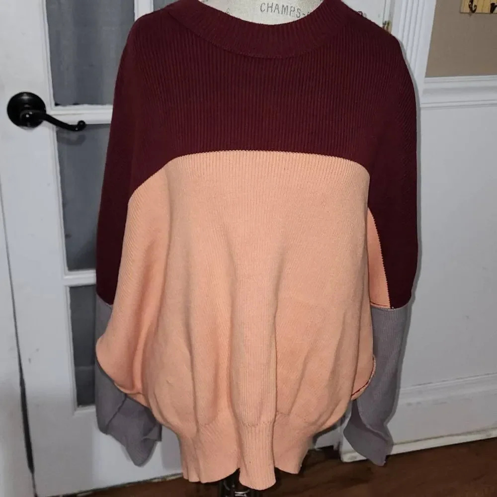 Free People Womens Peach Combo Oversized‎ Colorblock Sweater Small